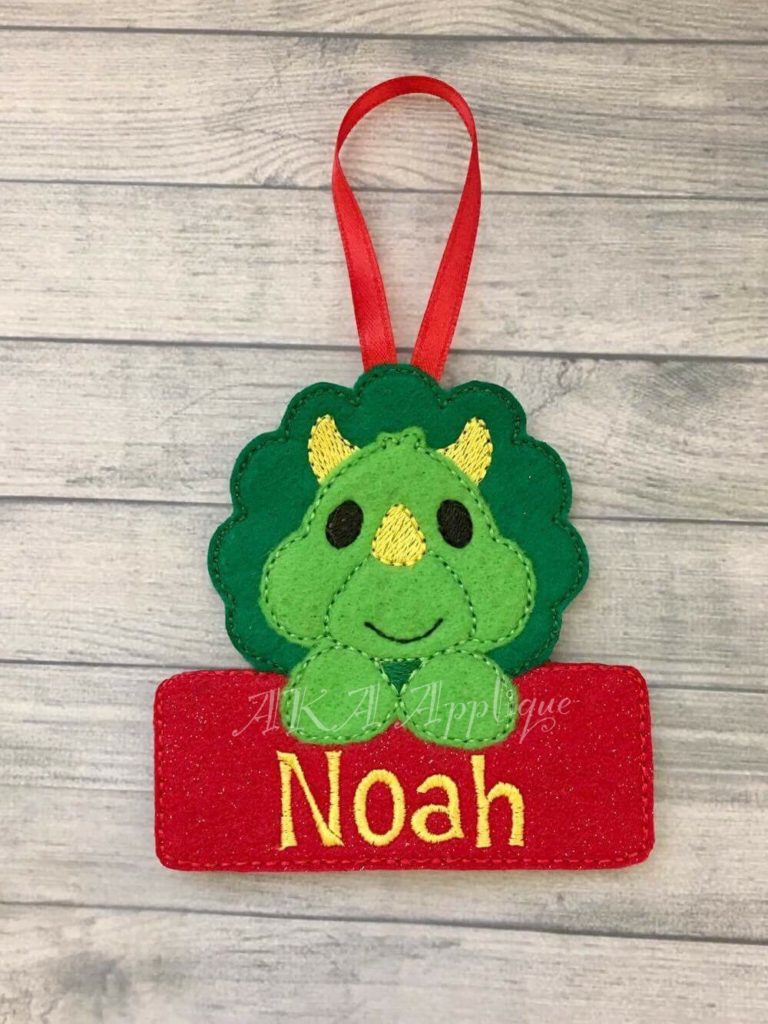 Personalizable Sarah Triceratops_Dinosaur Ornament ITH Embroidery Design